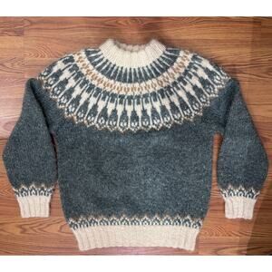 Vintage Sweater Fair Isle Mohair Wool Handmade Knit Green Ivory Unisex